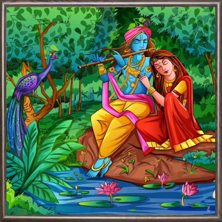 Radha Krishna with Nature background Photo Frame 3x2 Feet. Printed on  Canvas Fabric. MDF with Laminate Finish.