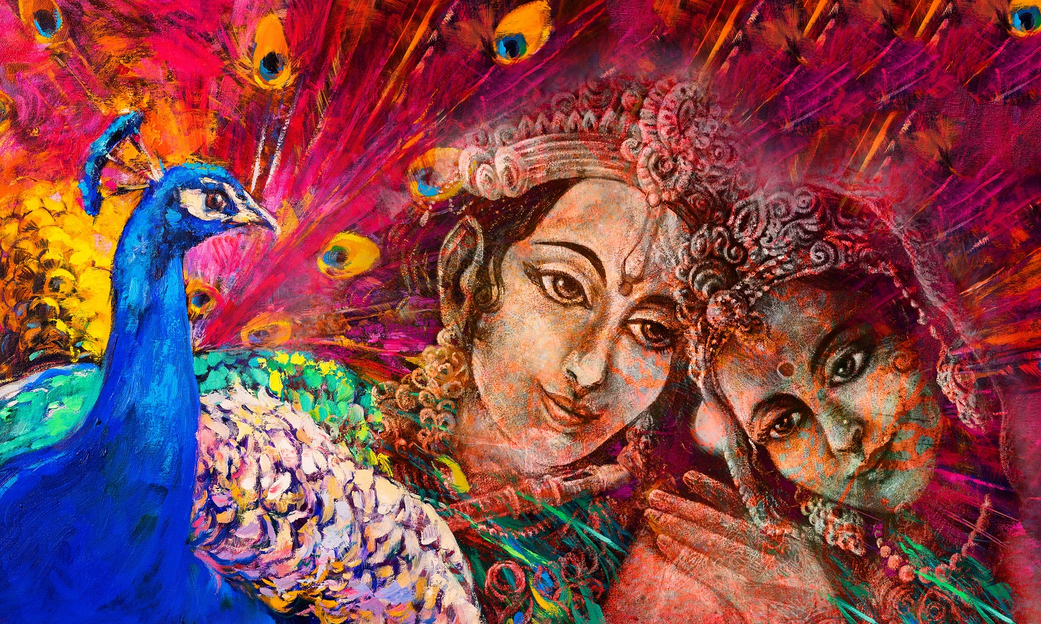 Wall painting with Radha Krishna with Peacock | Best Wallpaper for wall