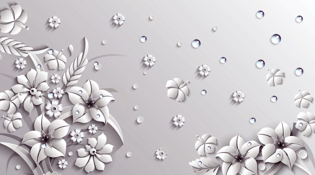 3D White colour flowers with water drop wallpaper