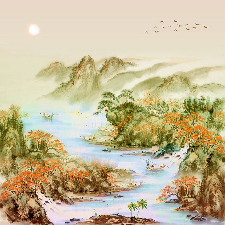 tranquil chinese river scene wallcovering (art 119)