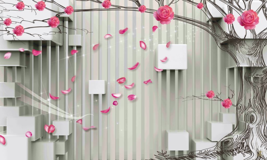 3D Wallpaper with pink rose petals.